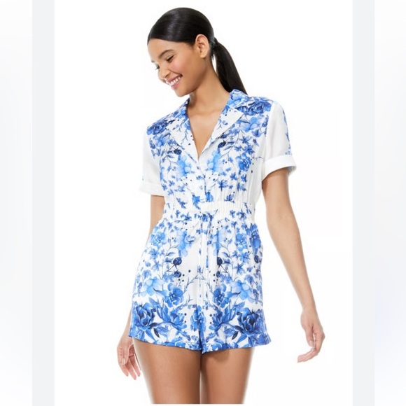 Alice + Olivia Leighton Silk Romper Jumpsuit in Floral White Blue Size 10 - Picture 1 of 6